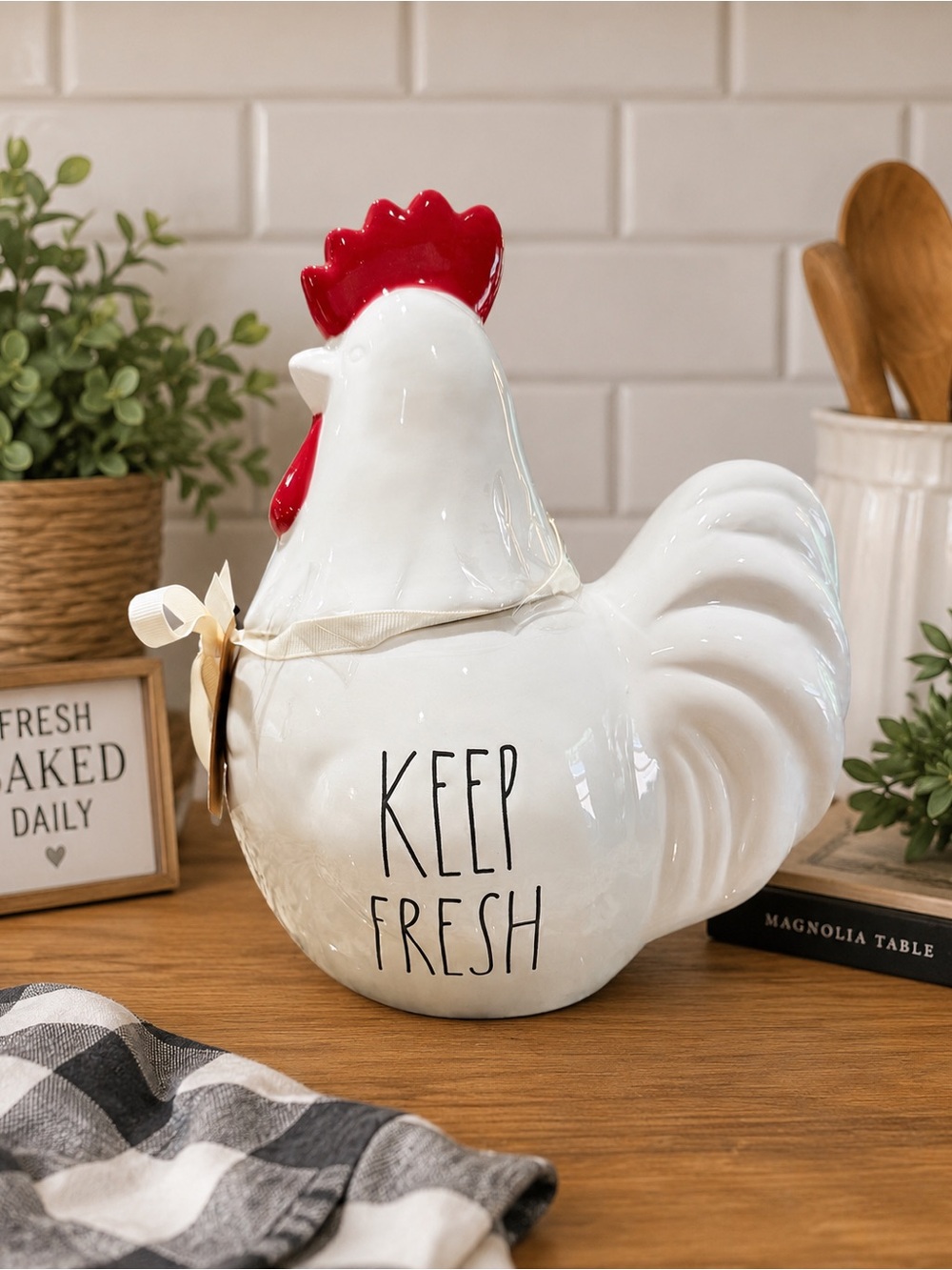 NWT Rae Dunn Rooster Cookie Jar “KEEP FRESH” White Ceramic Farmhouse Kitchen
